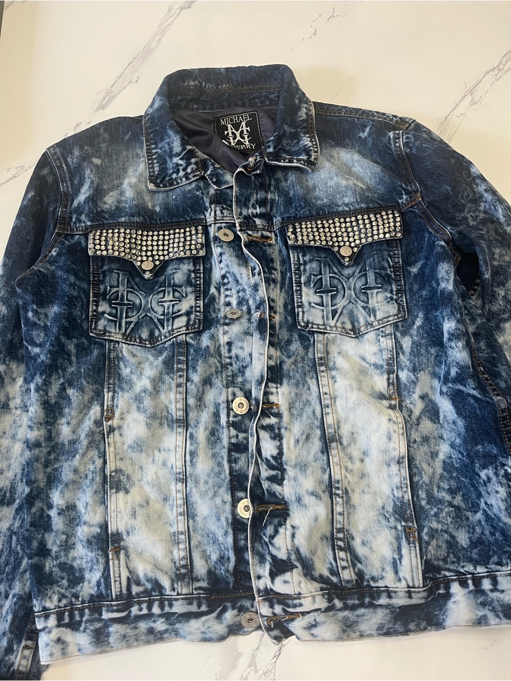 Michaels Men's Blue Acid-Wash Denim Jacket with Studded Chest Pockets